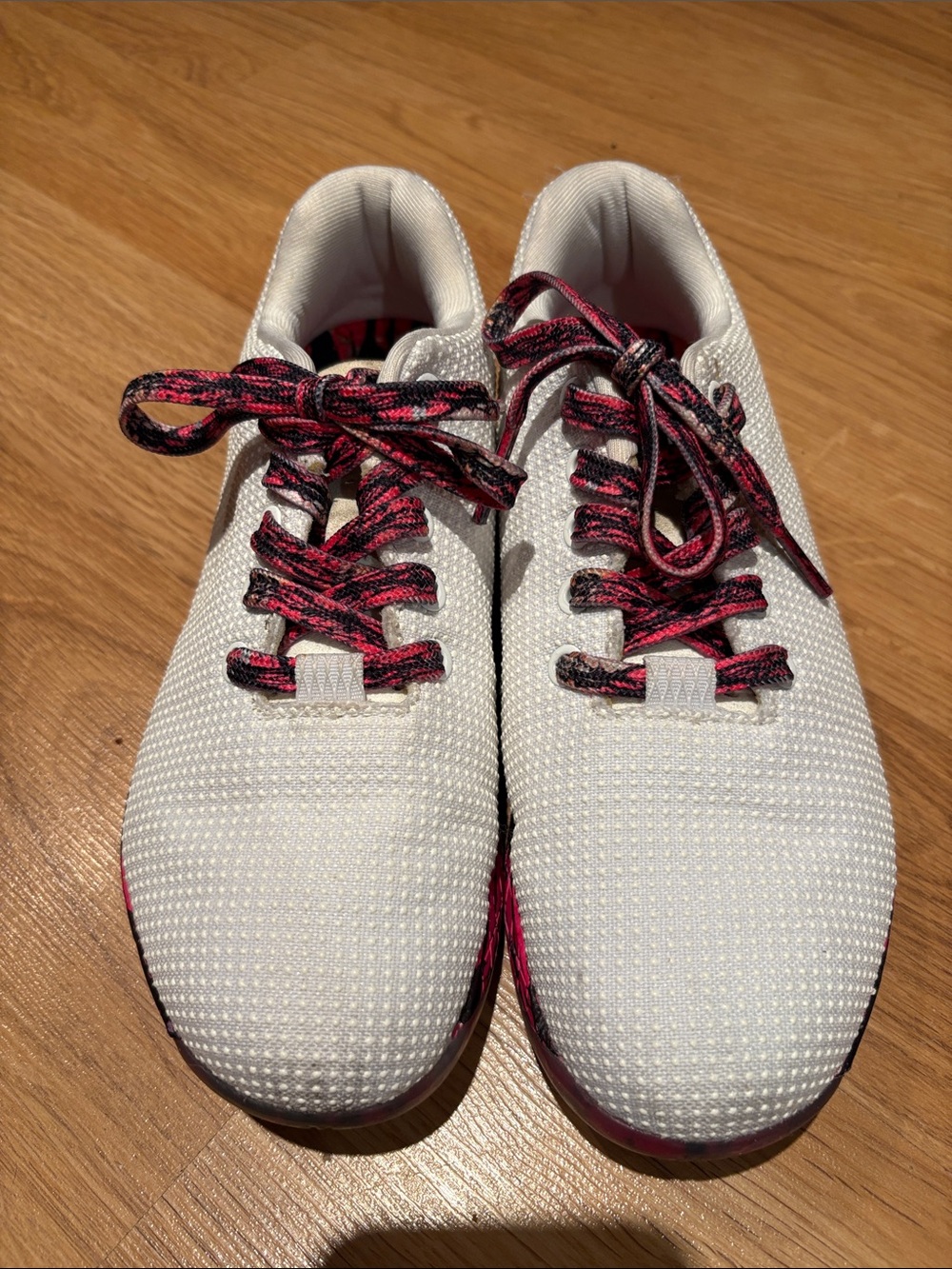NOBULL Women's White Knit Athletic Sneakers with Pink-Black Laces